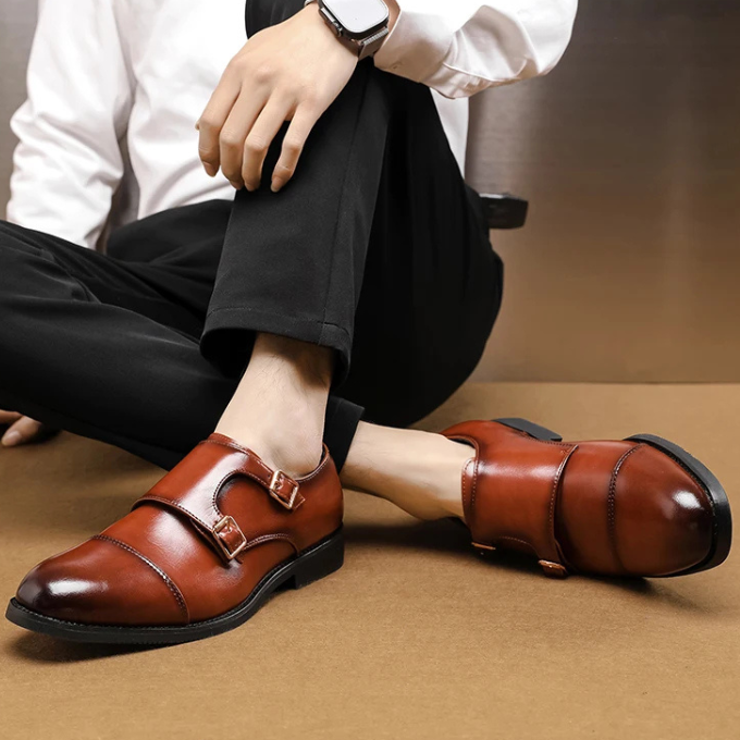 Men's Double Monk Strap Cap-Toe Shoes in Black or Brown
