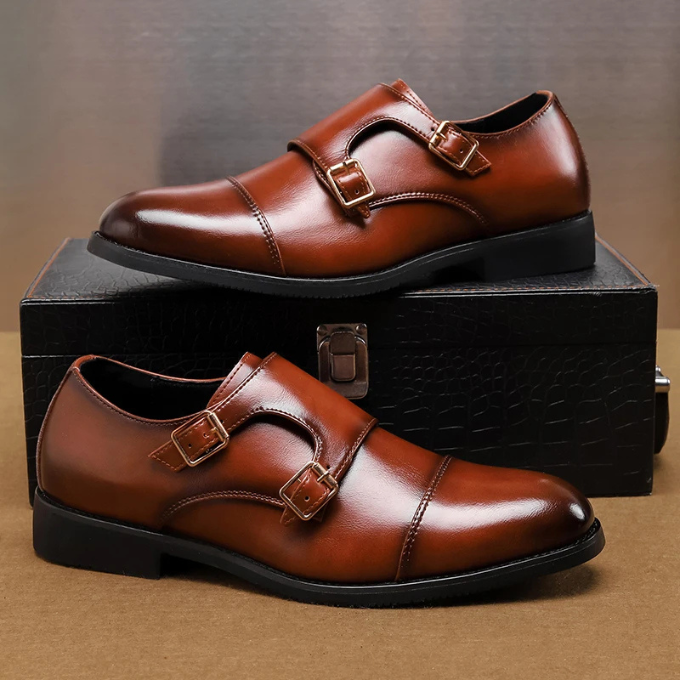 Men's Double Monk Strap Cap-Toe Shoes in Black or Brown