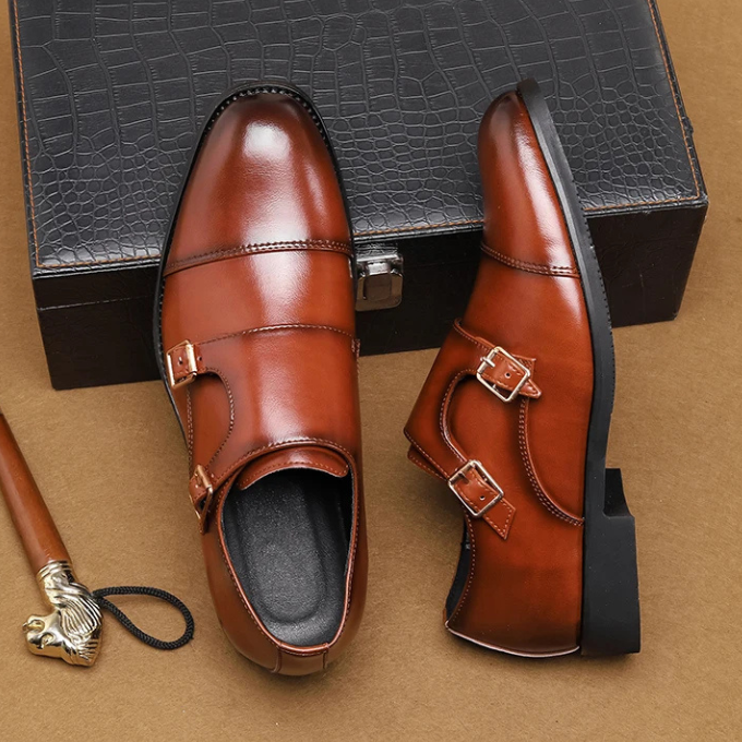 Men's Double Monk Strap Cap-Toe Shoes in Black or Brown