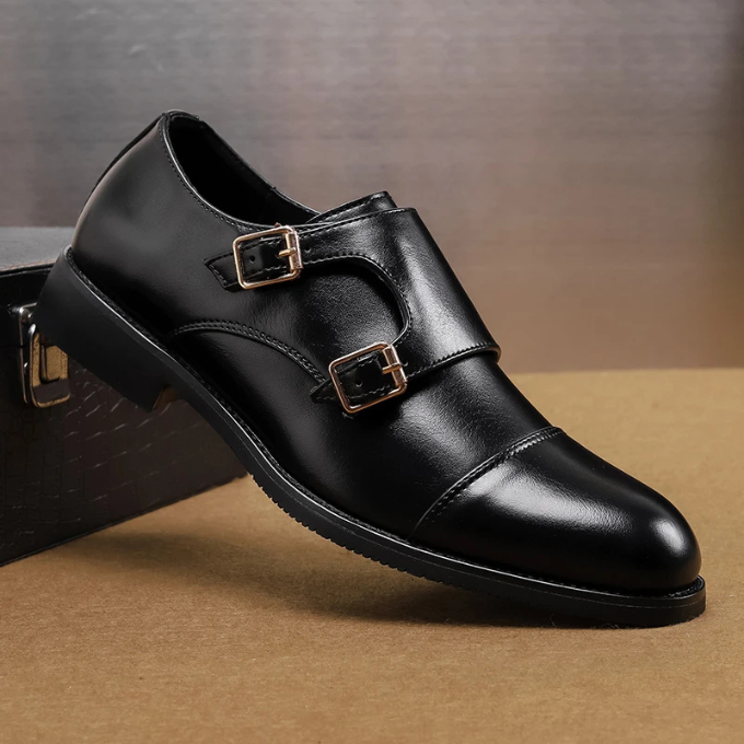 Men's Double Monk Strap Cap-Toe Shoes in Black or Brown