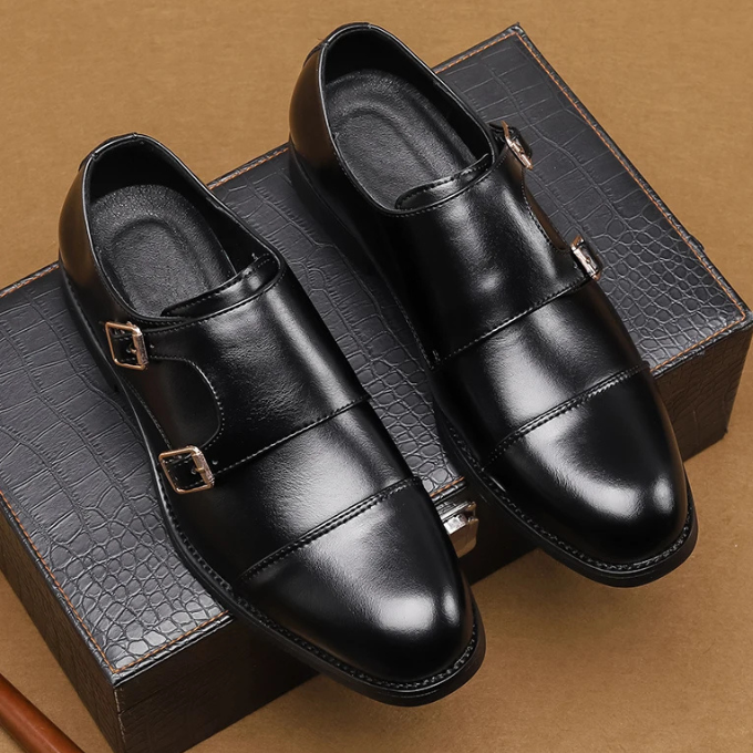 Men's Double Monk Strap Cap-Toe Shoes in Black or Brown