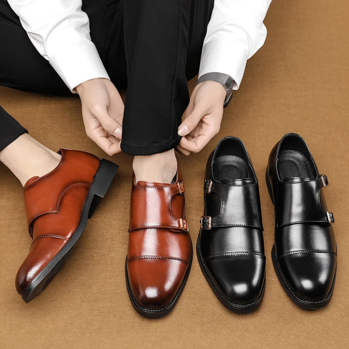 Men's Double Monk Strap Cap-Toe Shoes in Black or Brown