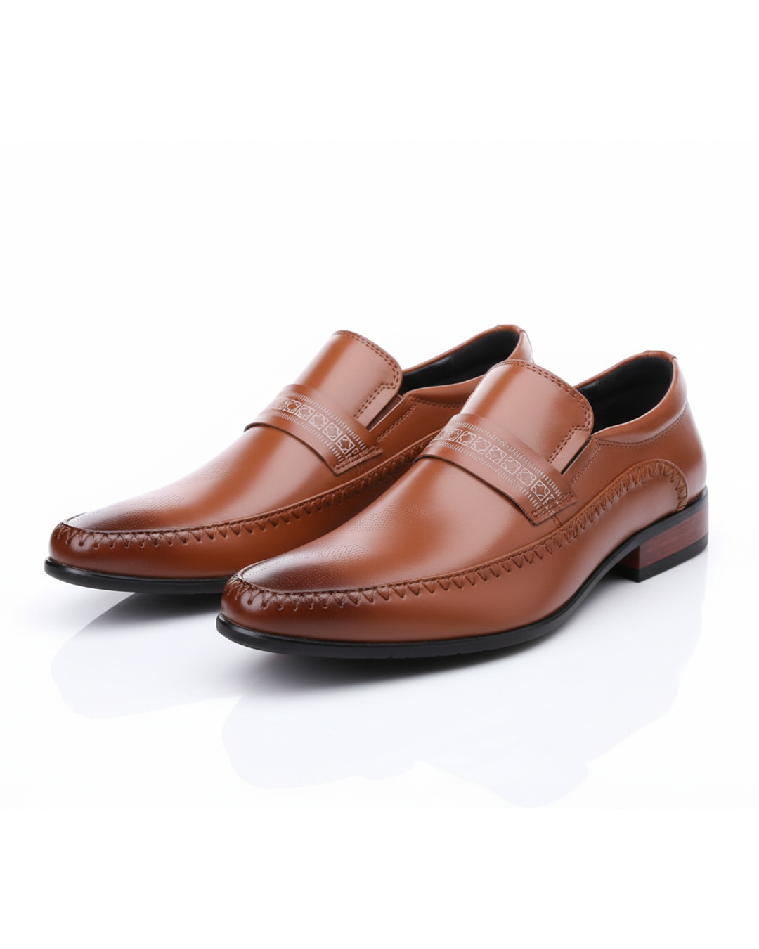 Glossy Leather Men's Dress Shoes with Wood-Detailed Heel