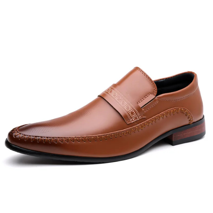 Glossy Leather Men's Dress Shoes with Wood-Detailed Heel