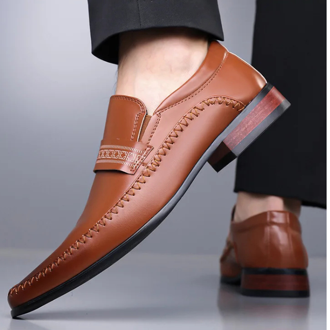 Glossy Leather Men's Dress Shoes with Wood-Detailed Heel