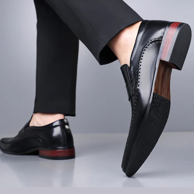 Glossy Leather Men's Dress Shoes with Wood-Detailed Heel