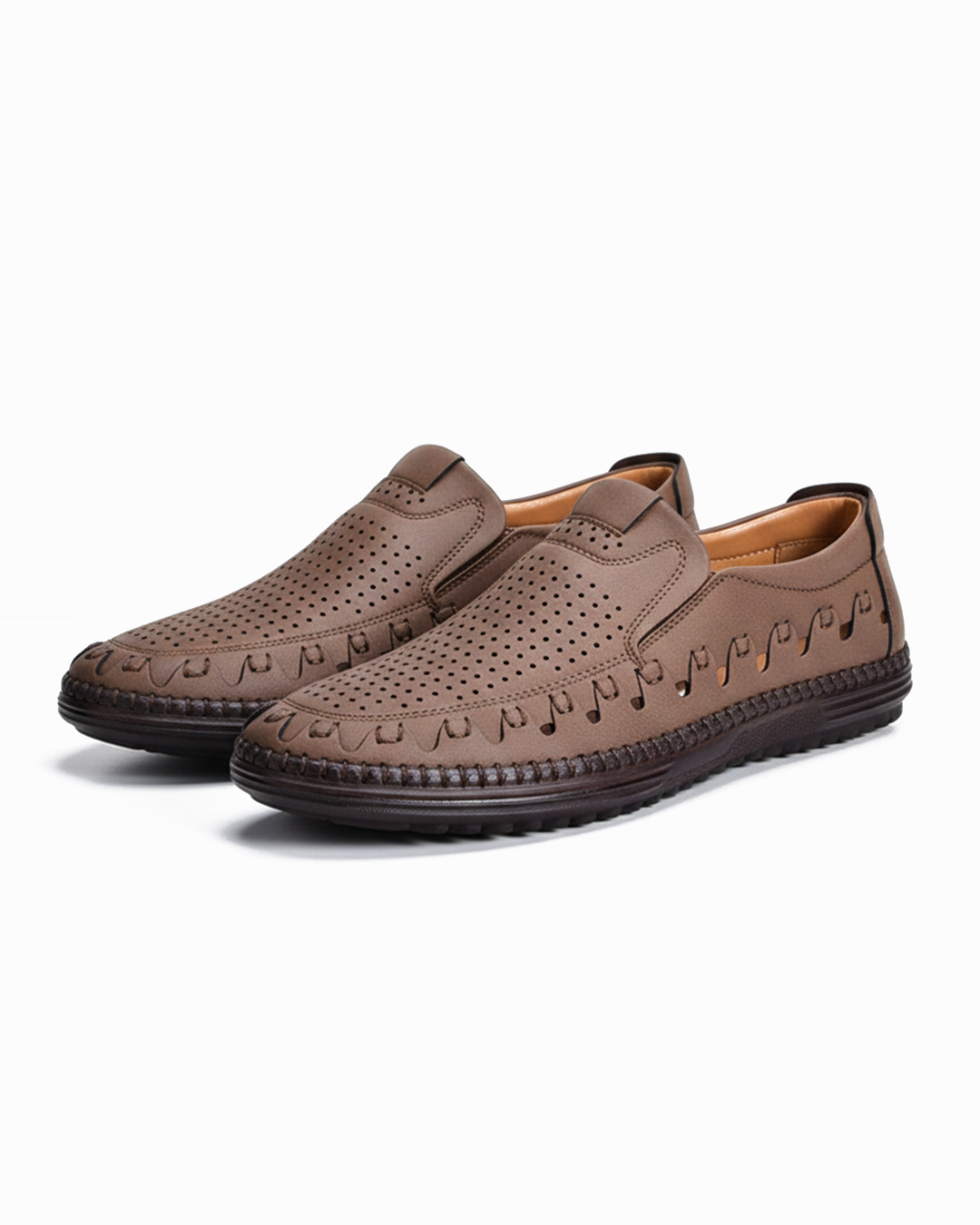Men's Slip-On Loafers with Perforated Upper and Hand-Stitched Detail