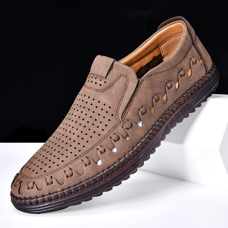 Men's Slip-On Loafers with Perforated Upper and Hand-Stitched Detail