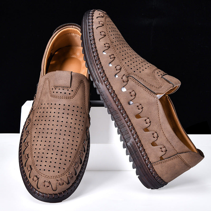 Men's Slip-On Loafers with Perforated Upper and Hand-Stitched Detail