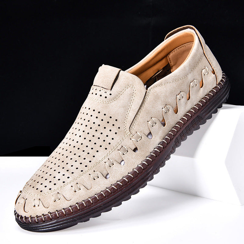 Men's Slip-On Loafers with Perforated Upper and Hand-Stitched Detail
