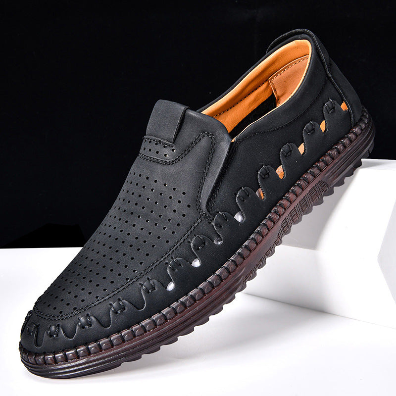 Men's Slip-On Loafers with Perforated Upper and Hand-Stitched Detail