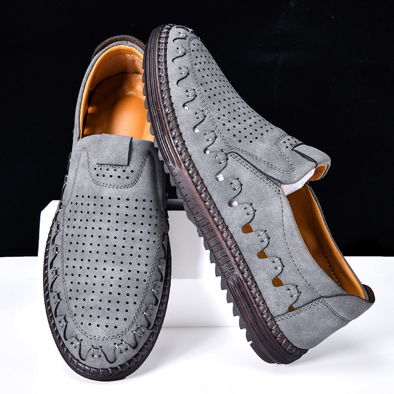 Men's Slip-On Loafers with Perforated Upper and Hand-Stitched Detail