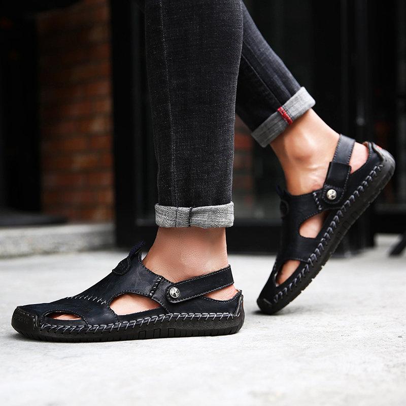 Men's Hand-Stitched Closed-Toe Outdoor Sandals for Comfort and Durability