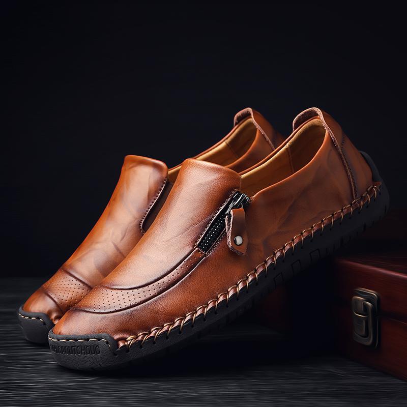 Men's Hand-Stitched Leather Zipper Slip-On Loafers