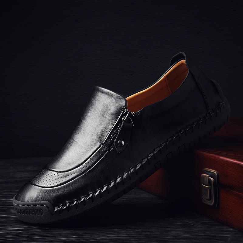 Men's Hand-Stitched Leather Zipper Slip-On Loafers