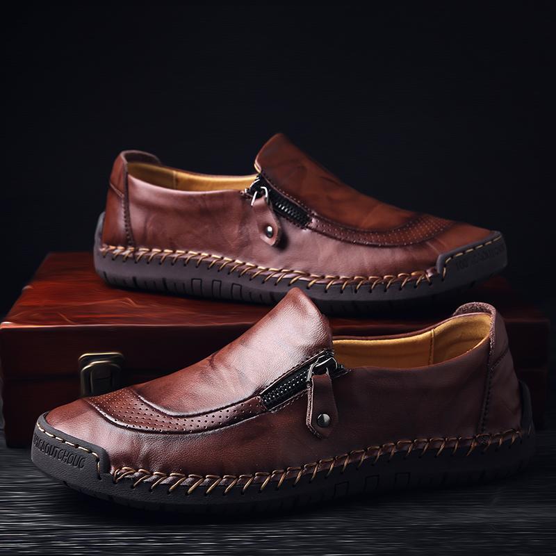Men's Hand-Stitched Leather Zipper Slip-On Loafers