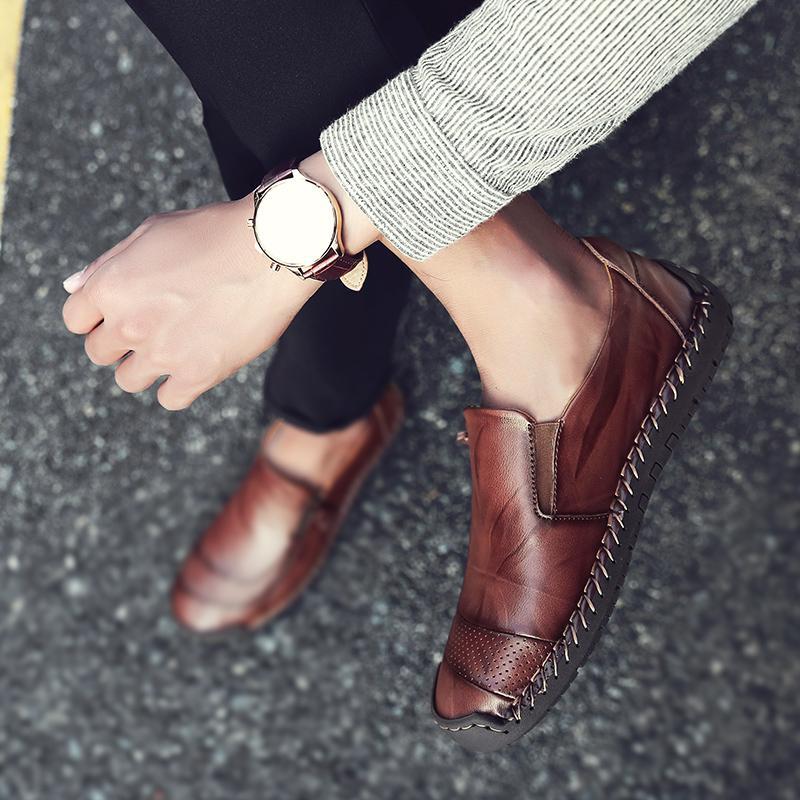 Men's Hand-Stitched Leather Zipper Slip-On Loafers