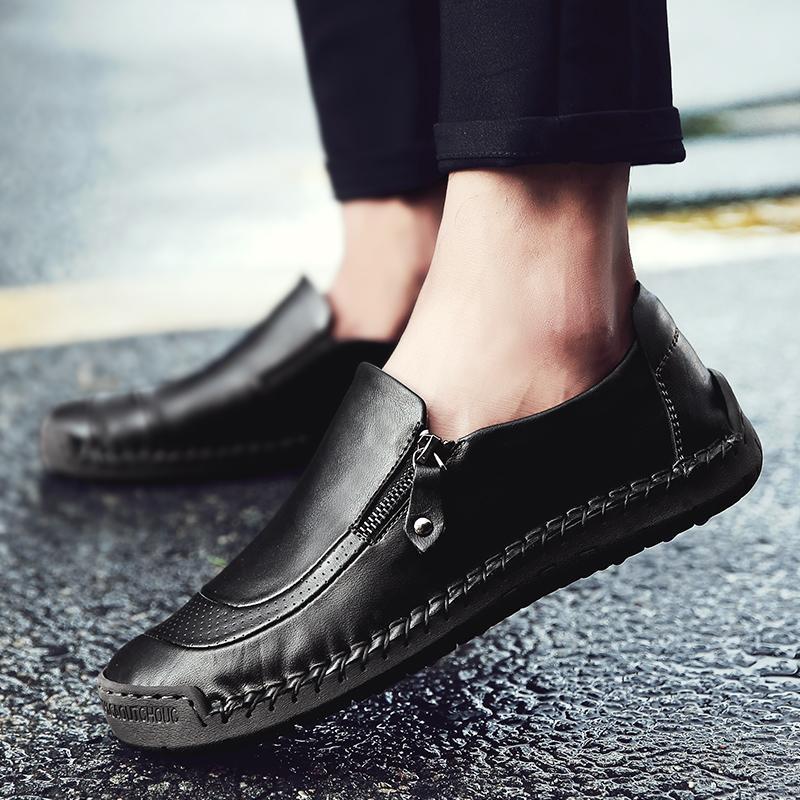 Men's Hand-Stitched Leather Zipper Slip-On Loafers