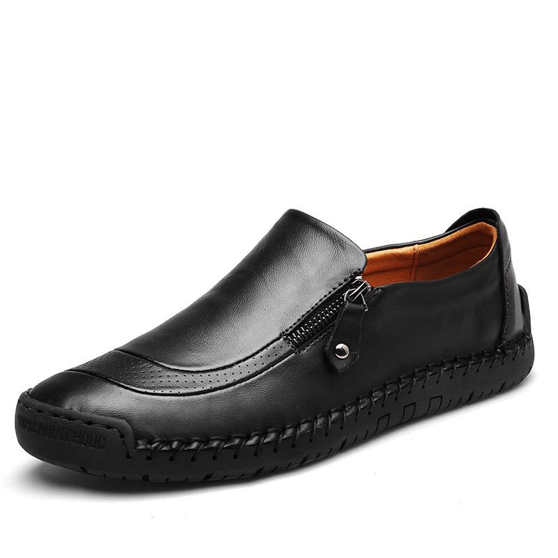 Men's Hand-Stitched Leather Zipper Slip-On Loafers