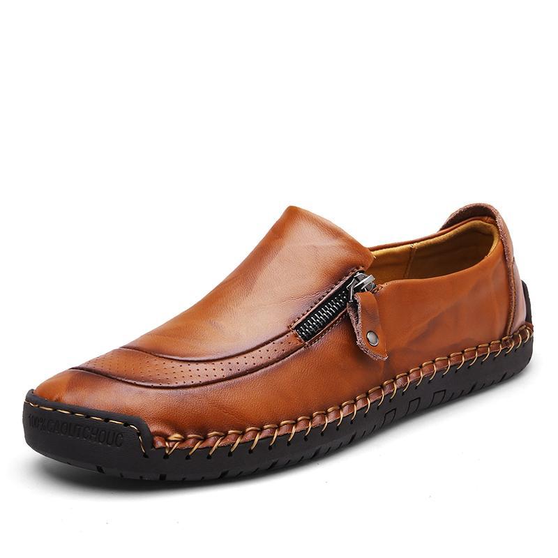 Men's Hand-Stitched Leather Zipper Slip-On Loafers