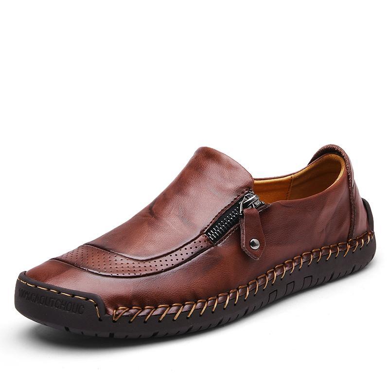 Men's Hand-Stitched Leather Zipper Slip-On Loafers