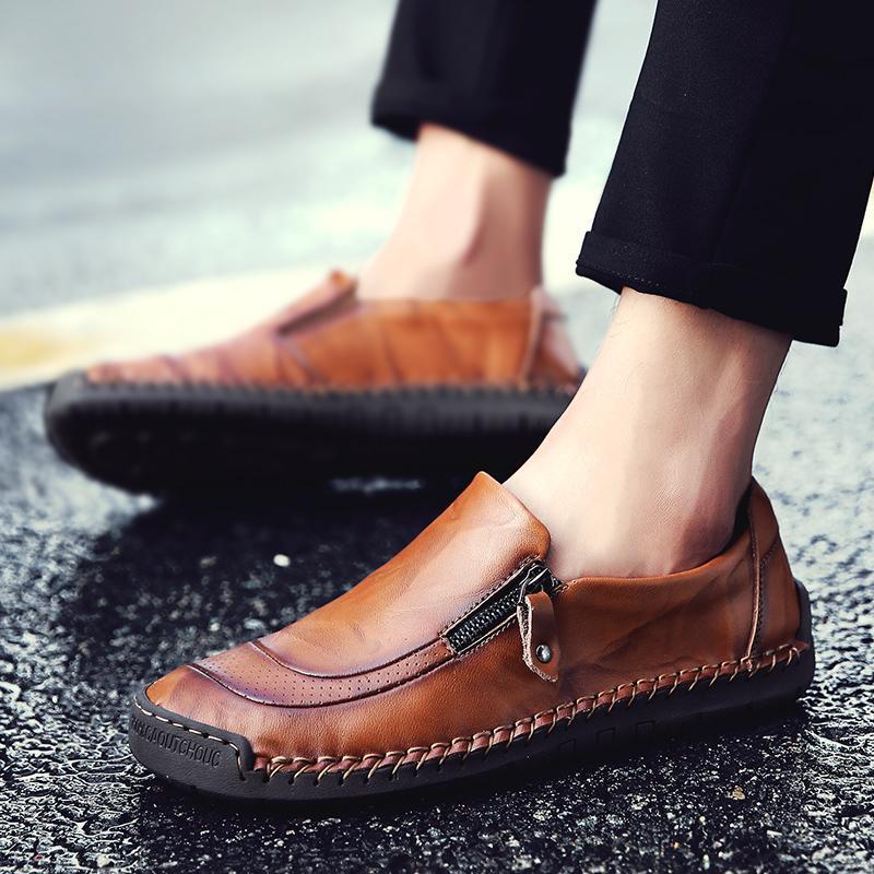 Men's Hand-Stitched Leather Zipper Slip-On Loafers