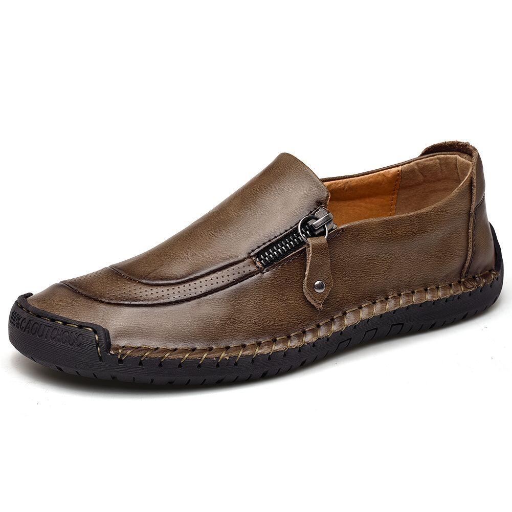 Men's Hand-Stitched Leather Zipper Slip-On Loafers