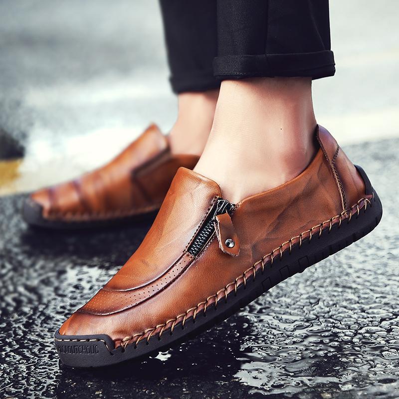 Men's Hand-Stitched Leather Zipper Slip-On Loafers