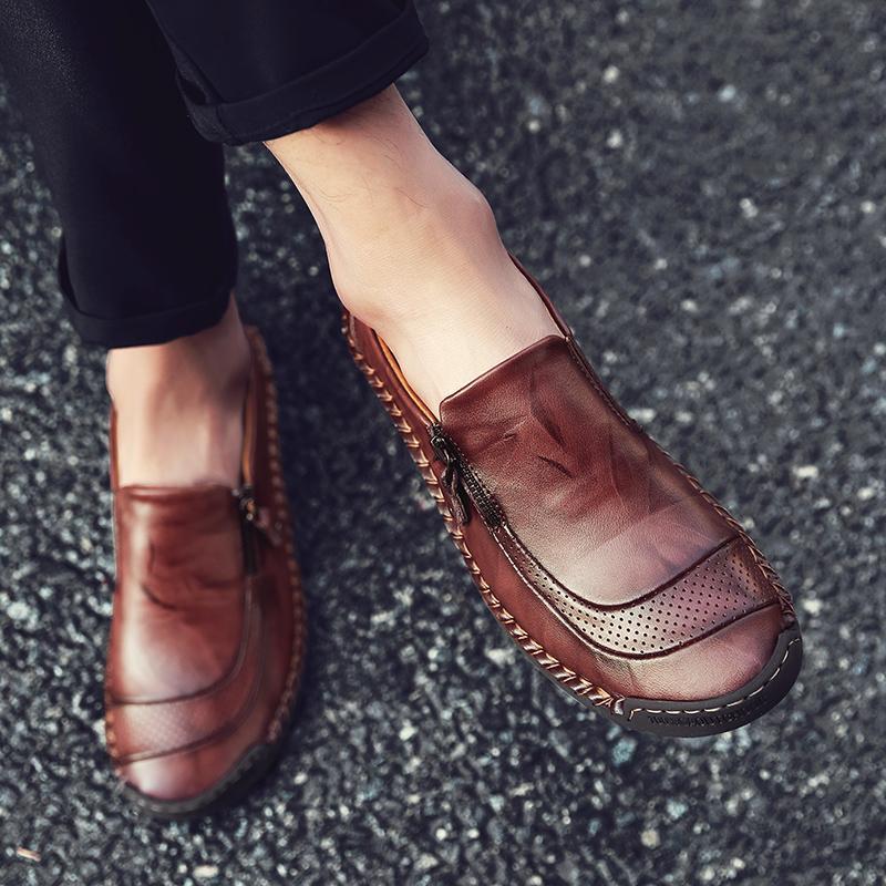 Men's Hand-Stitched Leather Zipper Slip-On Loafers
