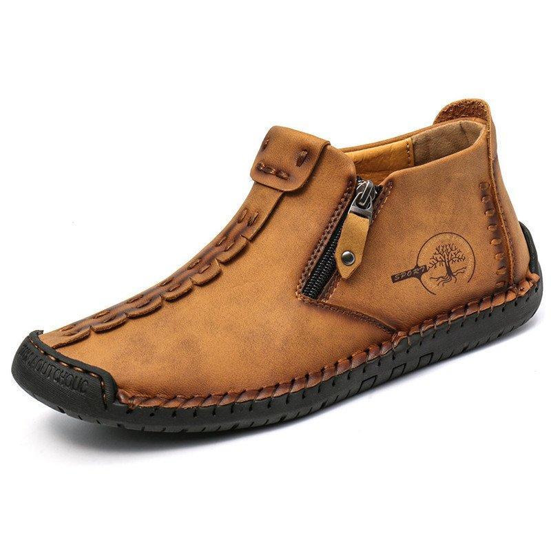 Men's Hand-Stitched Casual Boots with Side Zipper and Non-Slip Outsole