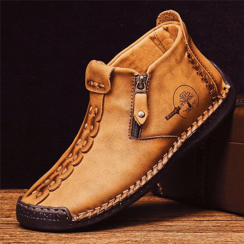 Men's Hand-Stitched Casual Boots with Side Zipper and Non-Slip Outsole