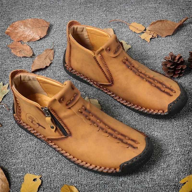 Men's Hand-Stitched Casual Boots with Side Zipper and Non-Slip Outsole