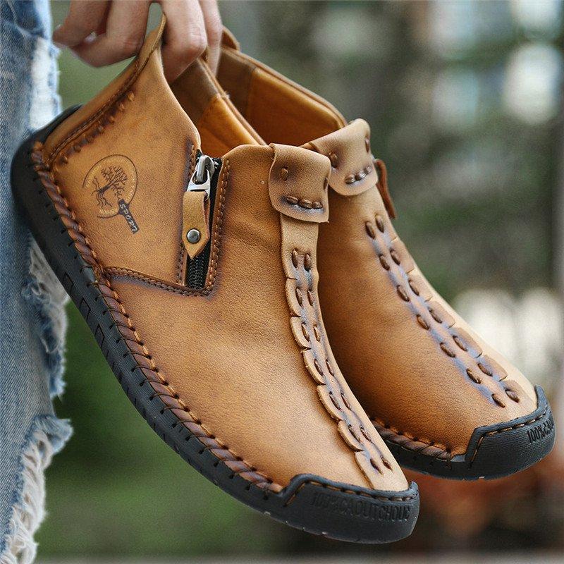 Men's Hand-Stitched Casual Boots with Side Zipper and Non-Slip Outsole