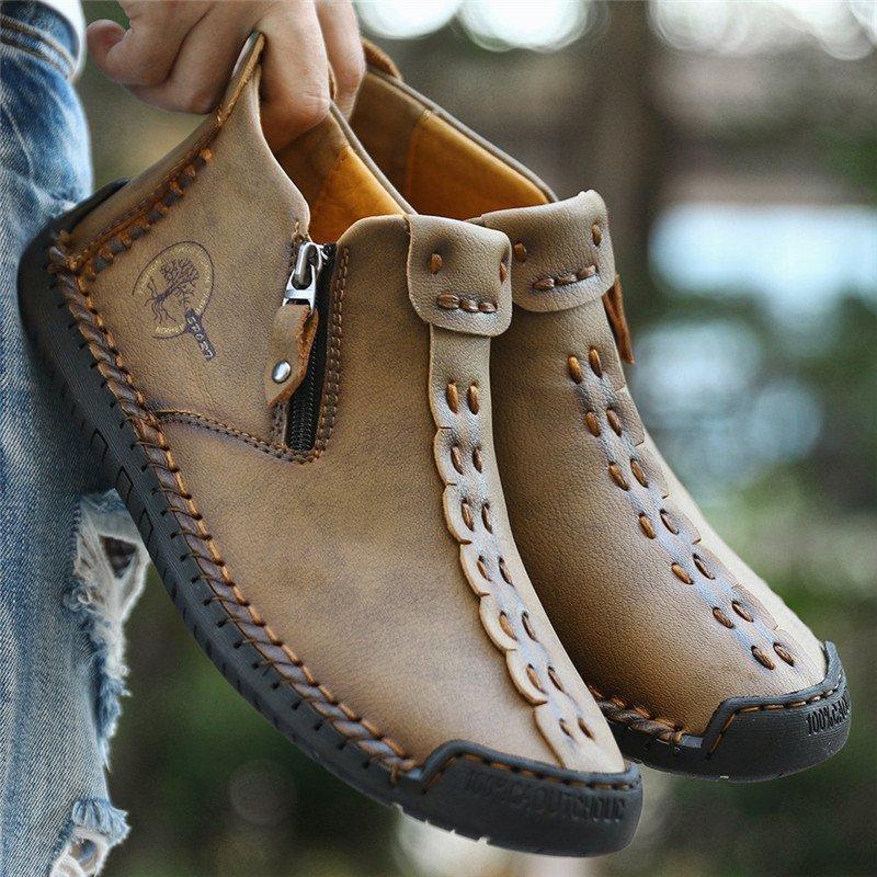Men's Hand-Stitched Casual Boots with Side Zipper and Non-Slip Outsole