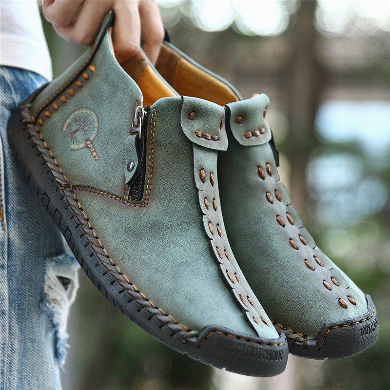 Men's Hand-Stitched Casual Boots with Side Zipper and Non-Slip Outsole