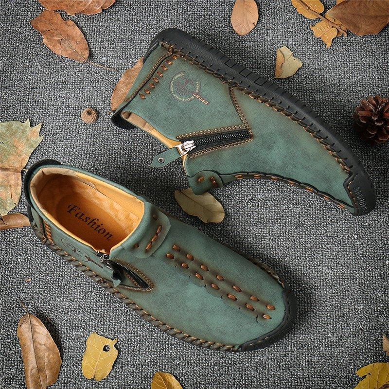 Men's Hand-Stitched Casual Boots with Side Zipper and Non-Slip Outsole