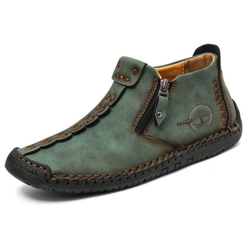 Men's Hand-Stitched Casual Boots with Side Zipper and Non-Slip Outsole