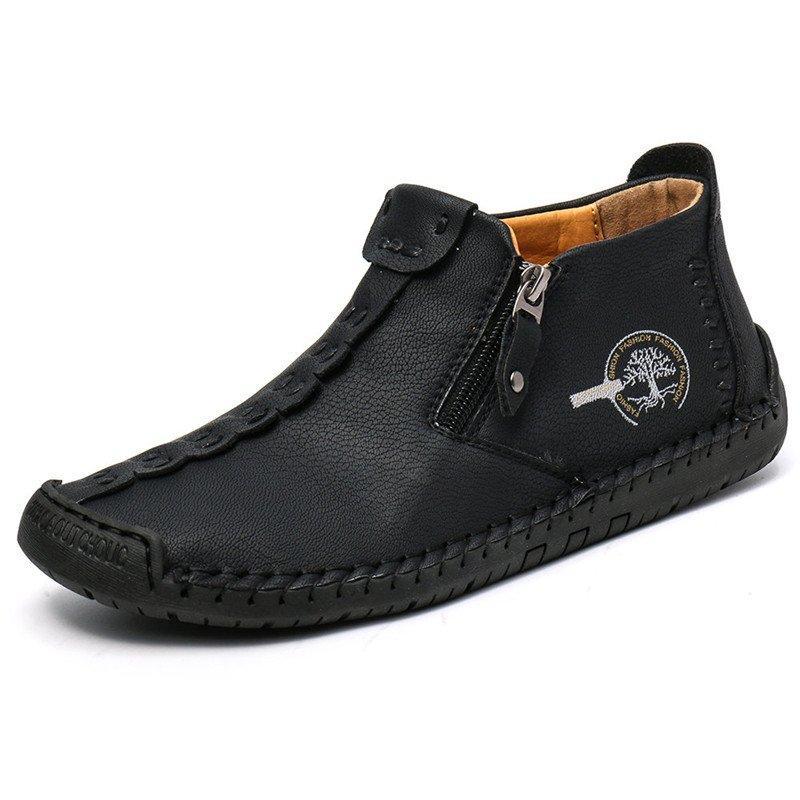 Men's Hand-Stitched Casual Boots with Side Zipper and Non-Slip Outsole