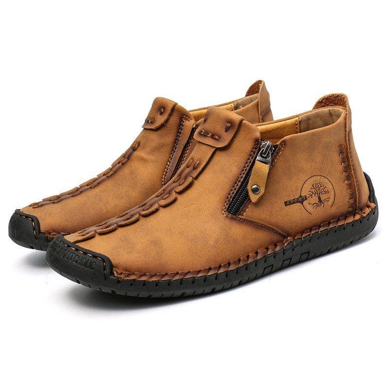 Men's Hand-Stitched Casual Boots with Side Zipper and Non-Slip Outsole