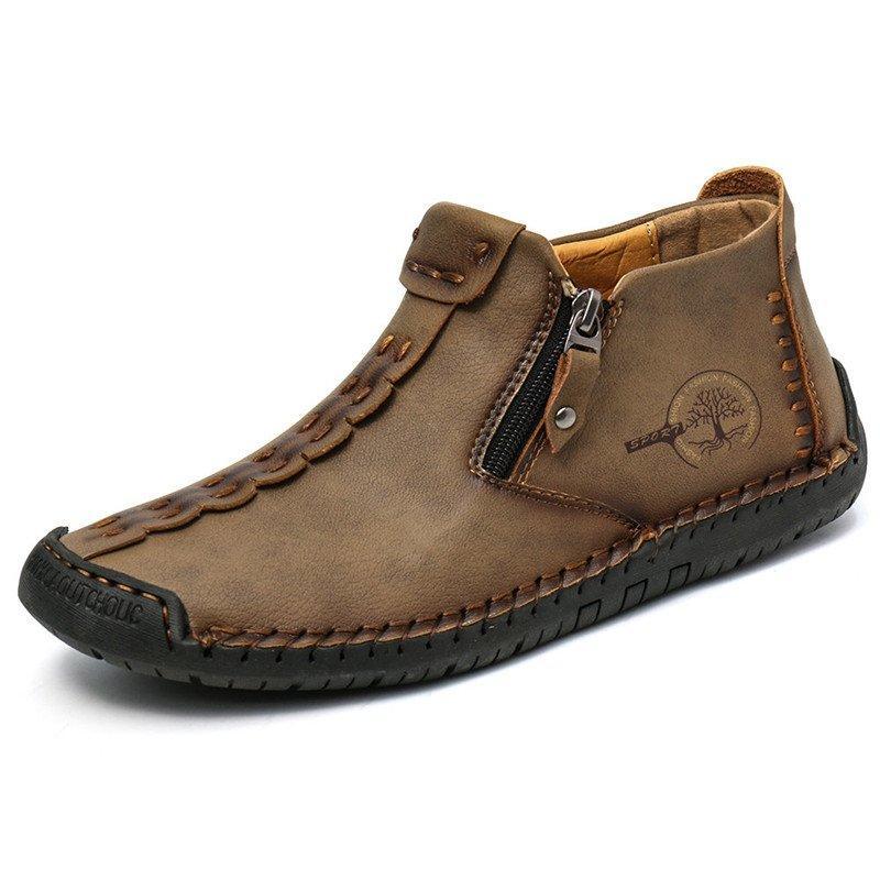 Men's Hand-Stitched Casual Boots with Side Zipper and Non-Slip Outsole