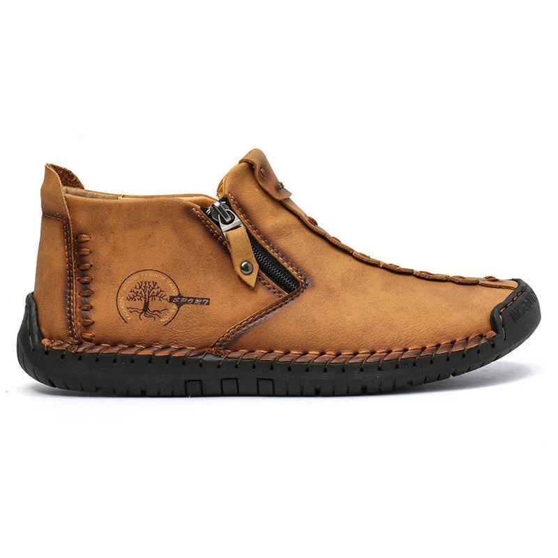 Men's Hand-Stitched Casual Boots with Side Zipper and Non-Slip Outsole