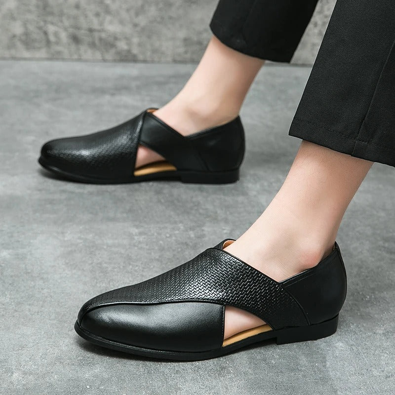 Men's Woven Cross-Strap Loafers in Premium Full-Grain Leather