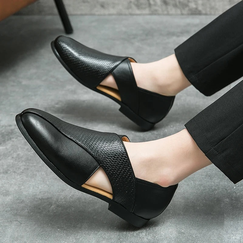 Men's Woven Cross-Strap Loafers in Premium Full-Grain Leather