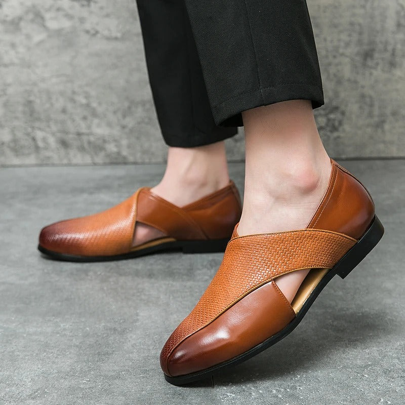 Men's Woven Cross-Strap Loafers in Premium Full-Grain Leather