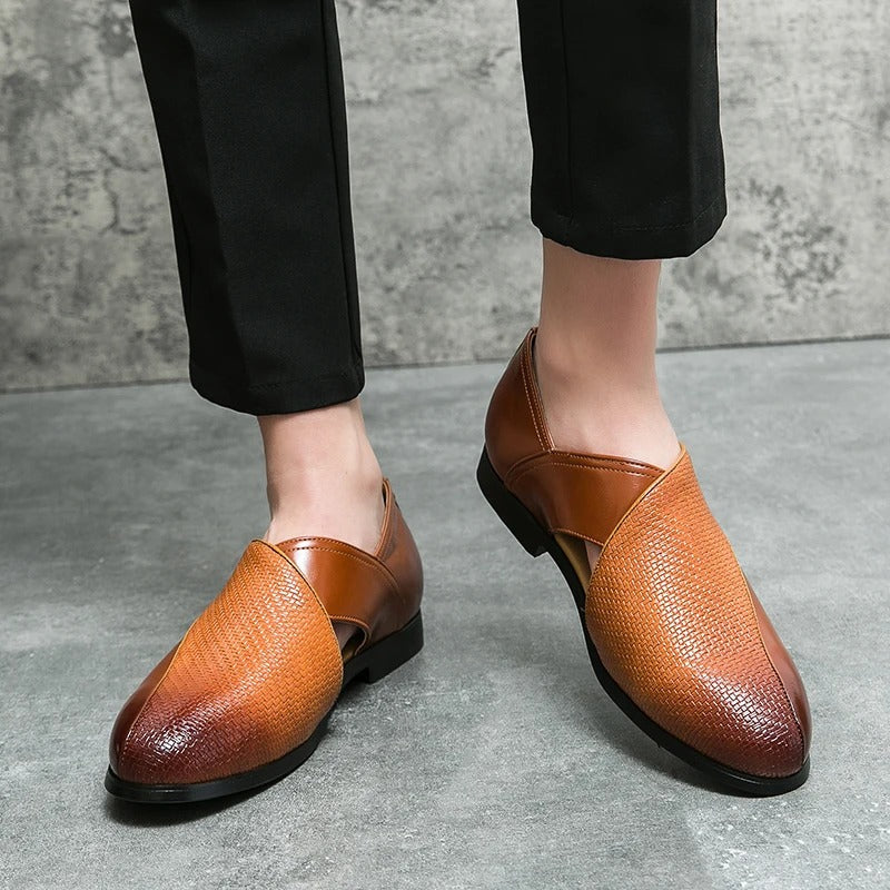 Men's Woven Cross-Strap Loafers in Premium Full-Grain Leather