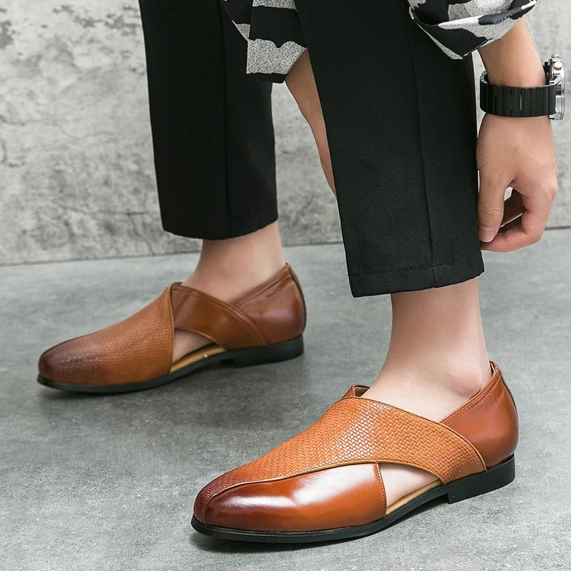Men's Woven Cross-Strap Loafers in Premium Full-Grain Leather