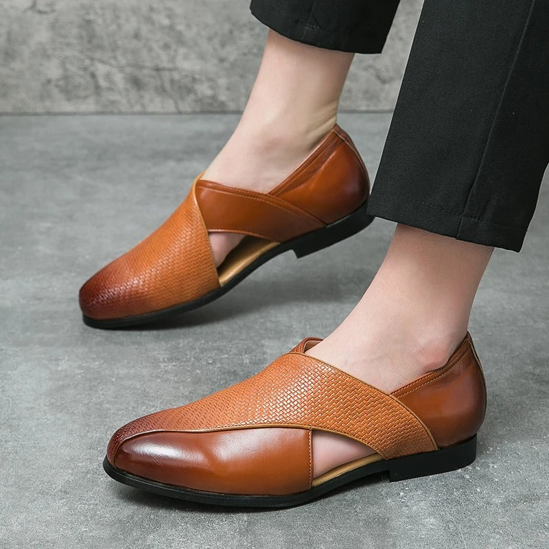 Men's Woven Cross-Strap Loafers in Premium Full-Grain Leather