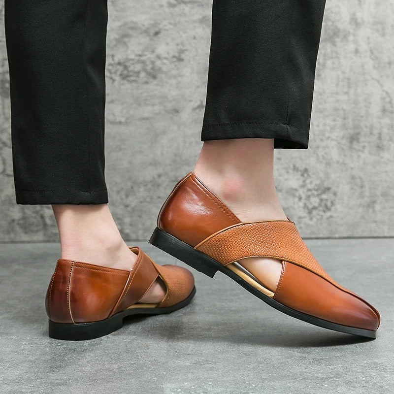 Men's Woven Cross-Strap Loafers in Premium Full-Grain Leather