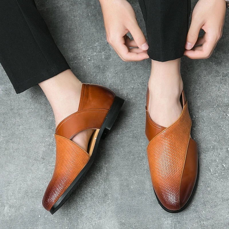 Men's Woven Cross-Strap Loafers in Premium Full-Grain Leather