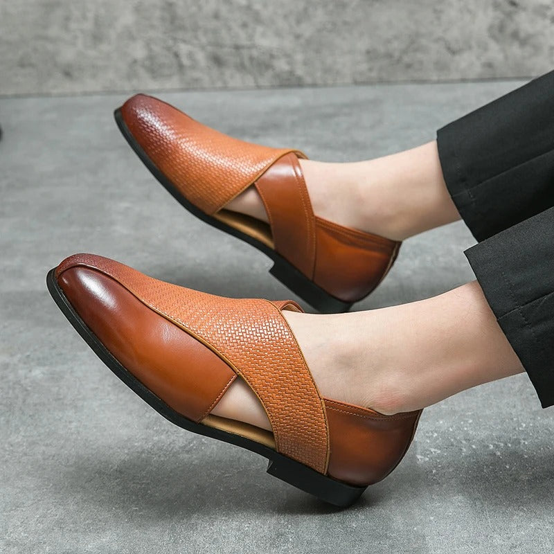 Men's Woven Cross-Strap Loafers in Premium Full-Grain Leather